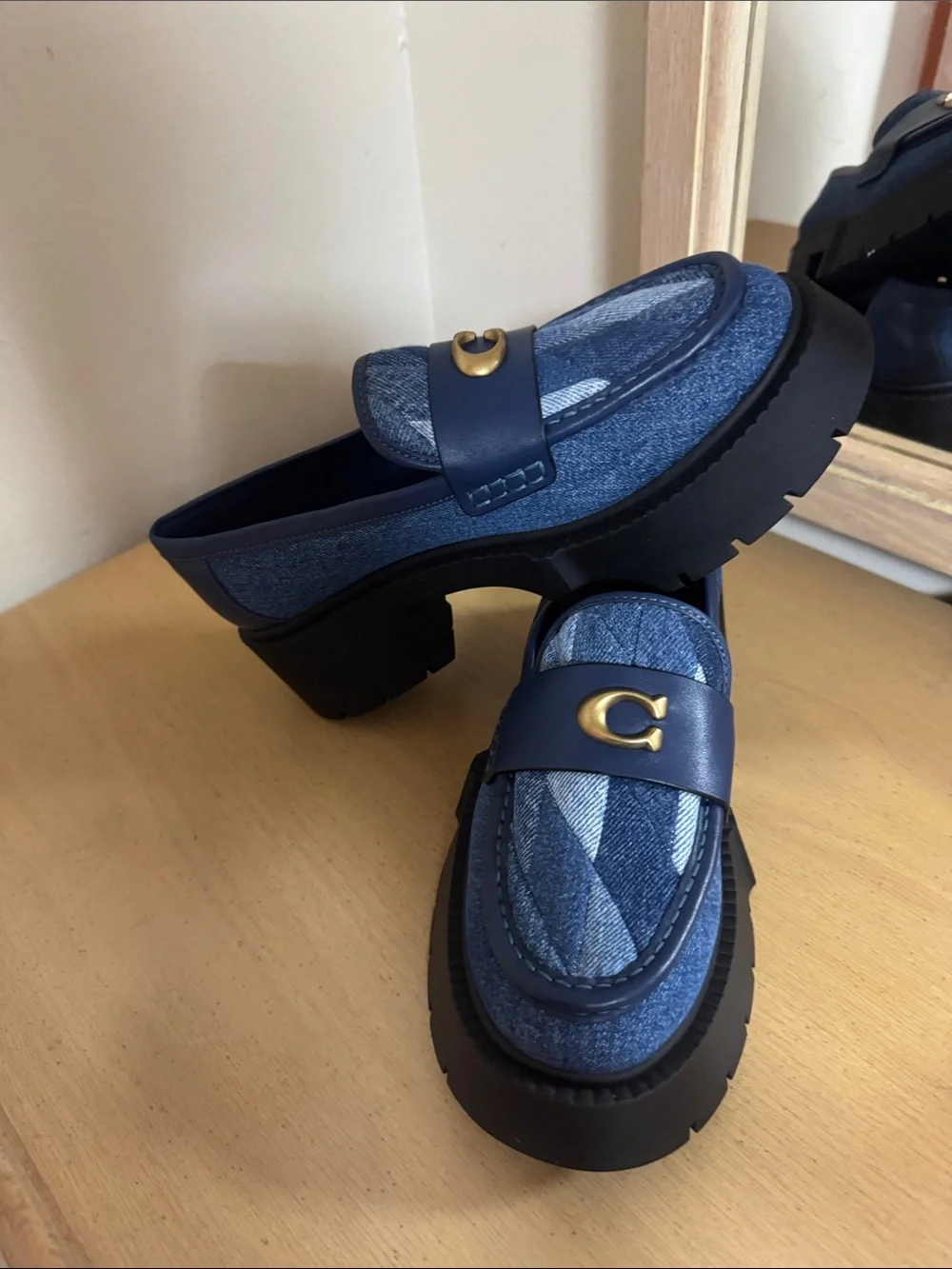 NEW Coach Women's Navy Blue Denim Platform Loafers with Gold 'C' Hardware